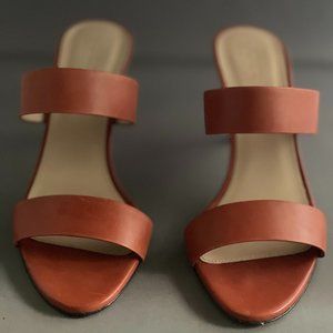 JCrew Lena Two Strap Heeled Slides in Cognac